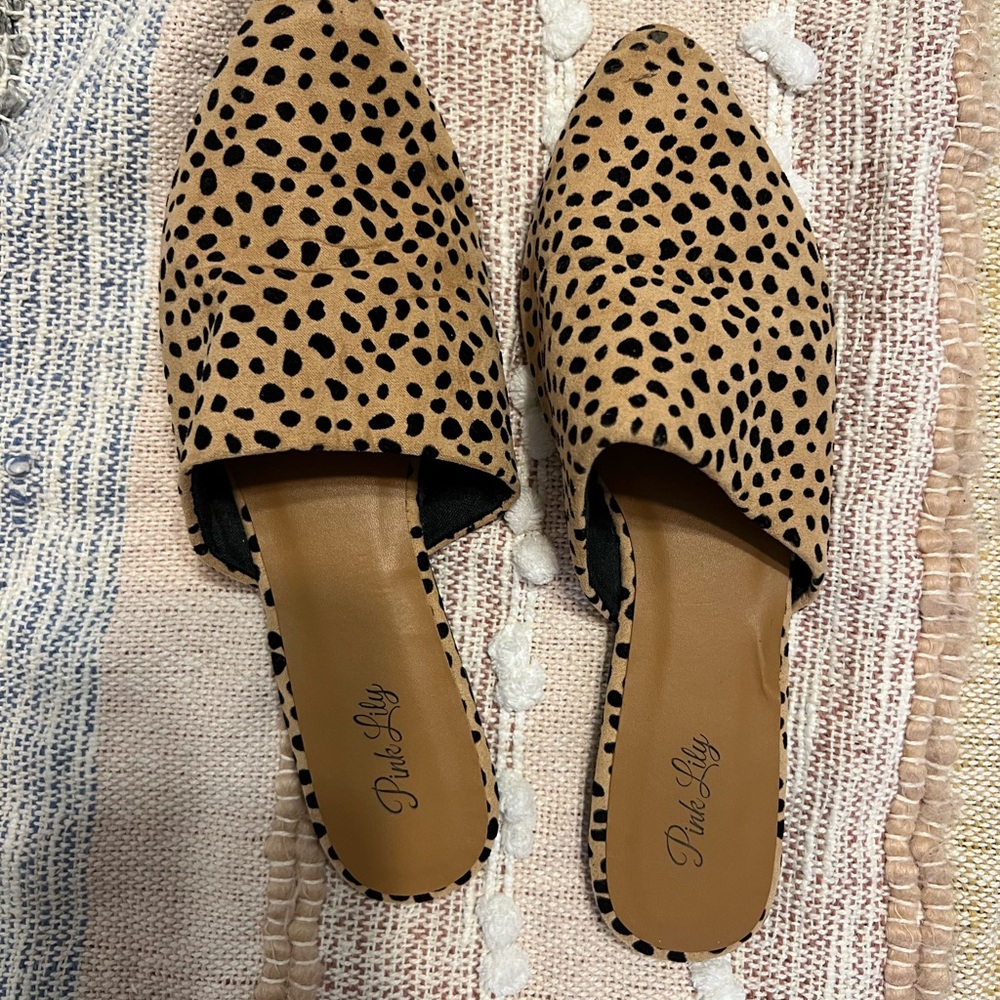 Pink Lily Tan and Black Mules with Animal Print